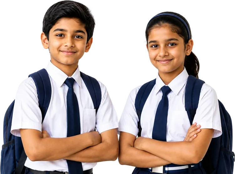 Two school students in uniform, ready for their boarding-school entrance exam